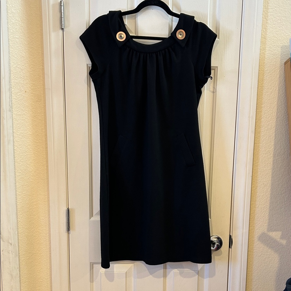 Evan Picone Black Midi Dress with Gold-Tone Button Detail with Pockets Sz 12